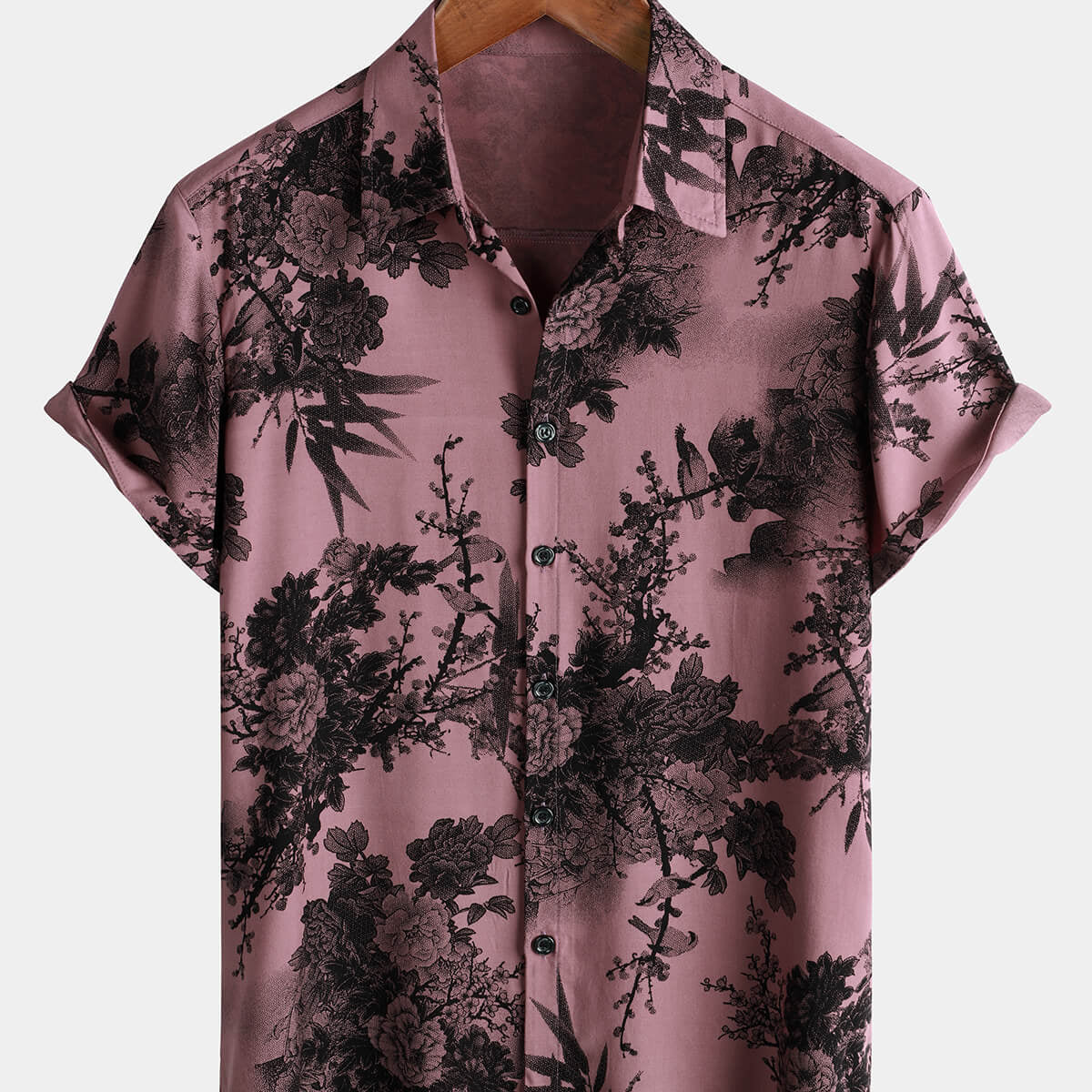 Camisa de manga corta con botones de rayón hawaiano de verano fresco floral de bambú para hombre