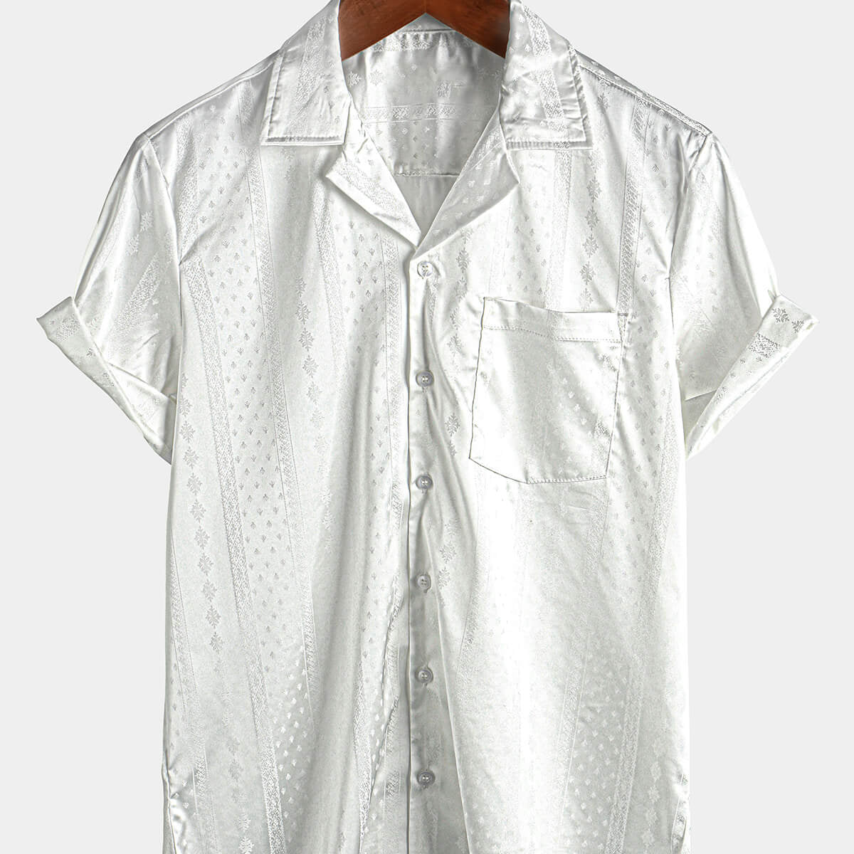 Camisa de cuello cubano de verano de manga corta con botones de jacquard con bolsillo de playa hawaiano para hombre