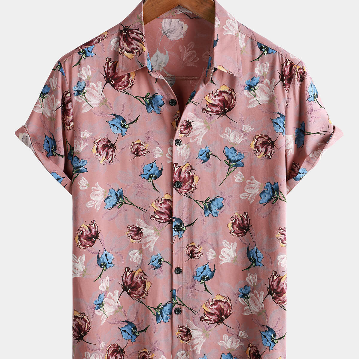 Men's Pink Floral Summer Beach Rayon Cool Button Up Short Sleeve Shirt