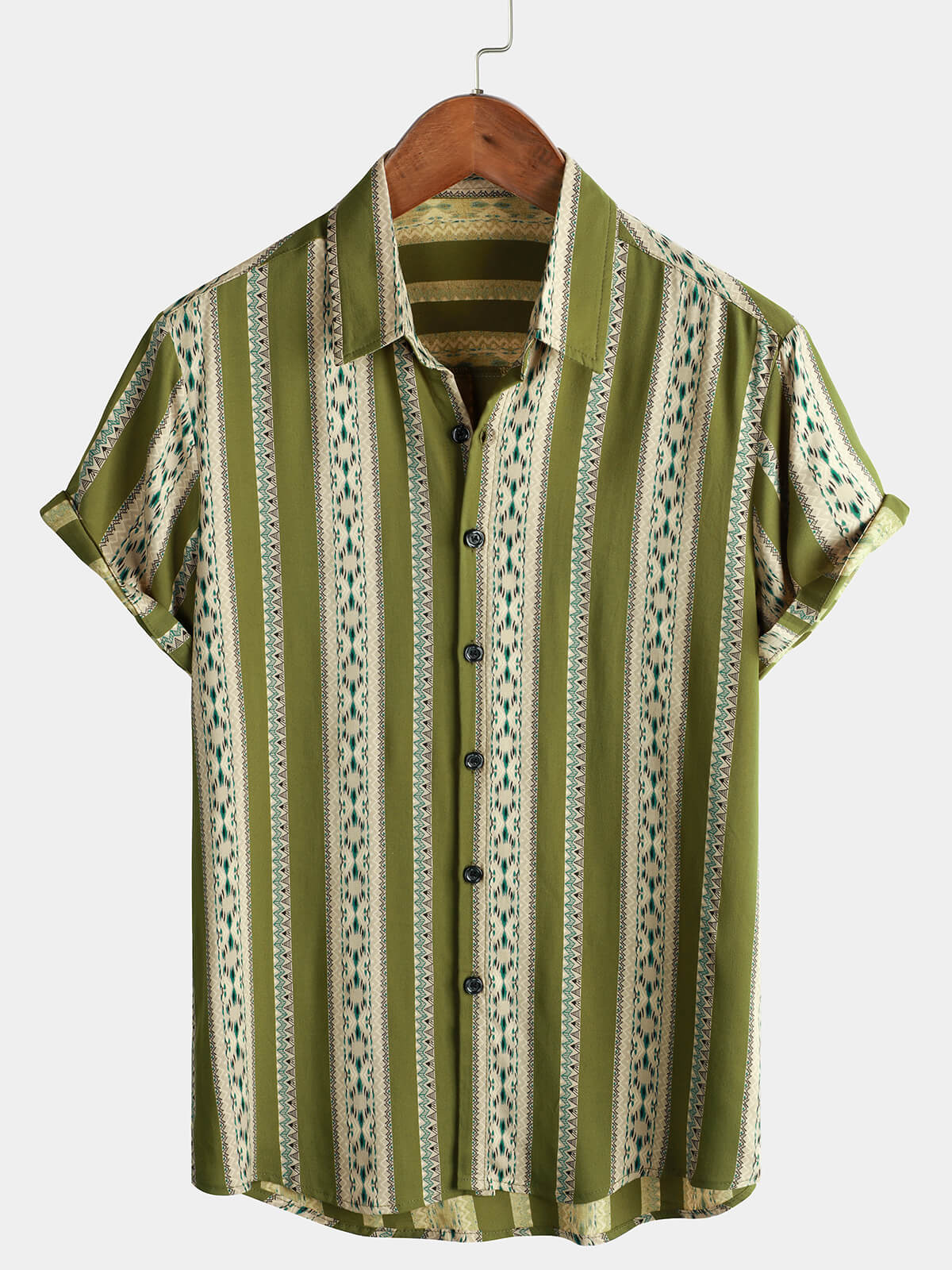 Men&#39;s Green Striped Vintage Short Sleeve 70s Aztec Print Western Button Retro Shirt