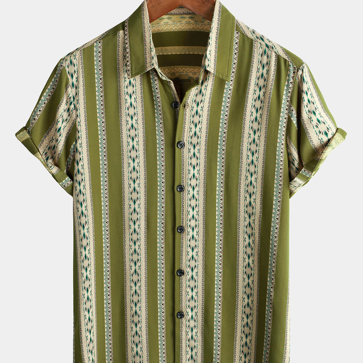 Camisa retro con botones occidentales y estampado azteca de manga corta vintage de rayas verdes para hombre