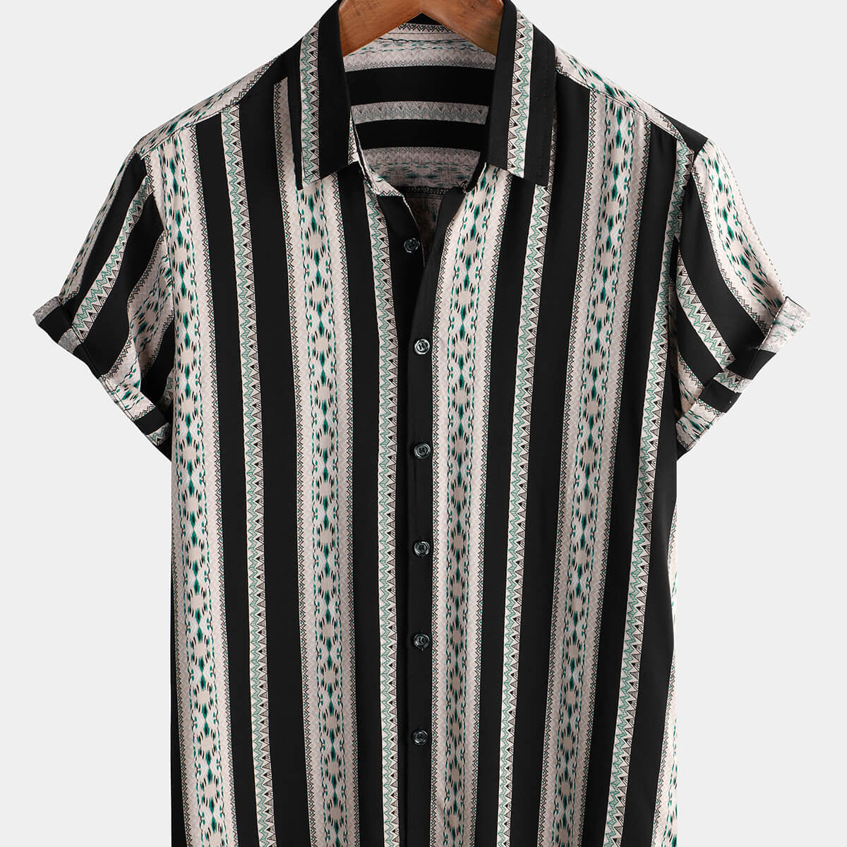 Camisa vintage con botones occidentales con estampado azteca de manga corta a rayas negras de los años 70 para hombre