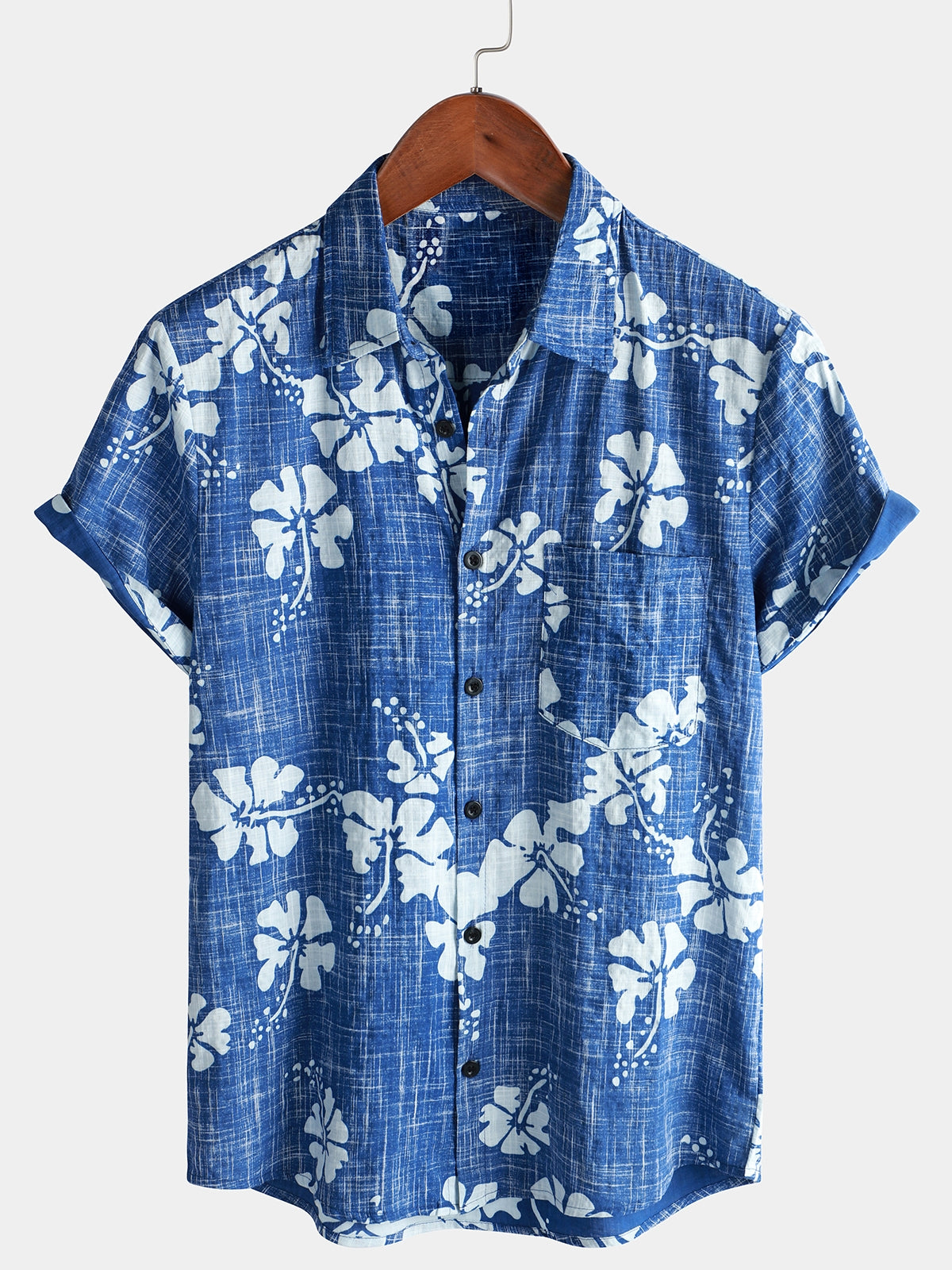 Men's Blue Floral Vintage Short Sleeve Button Up Beach Tropical Hawaiian Shirt