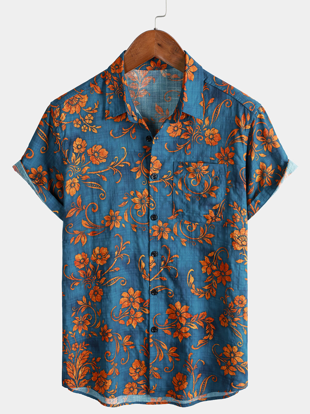 Men's Blue Floral Print Bohemian Resort Short Sleeve Shirt
