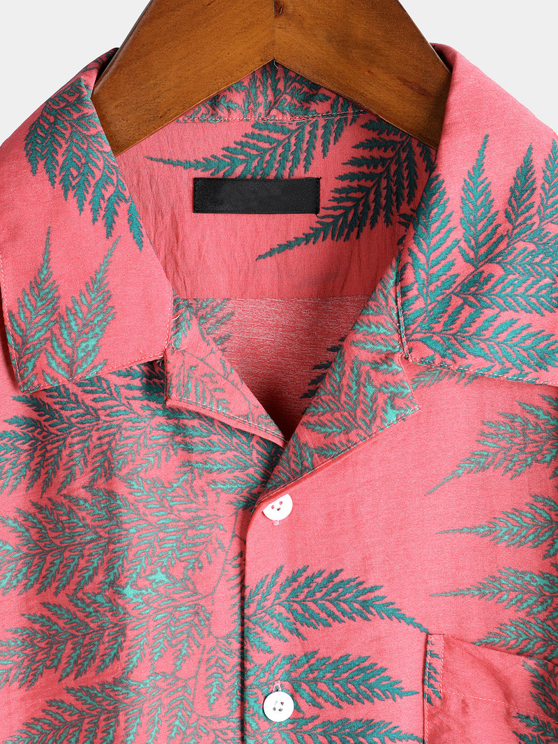 Men's Tropical Leaf Print Pocket Hawaiian Short Sleeve Shirt