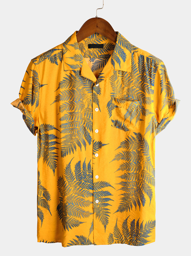 Men's Tropical Leaf Print Pocket Hawaiian Short Sleeve Shirt