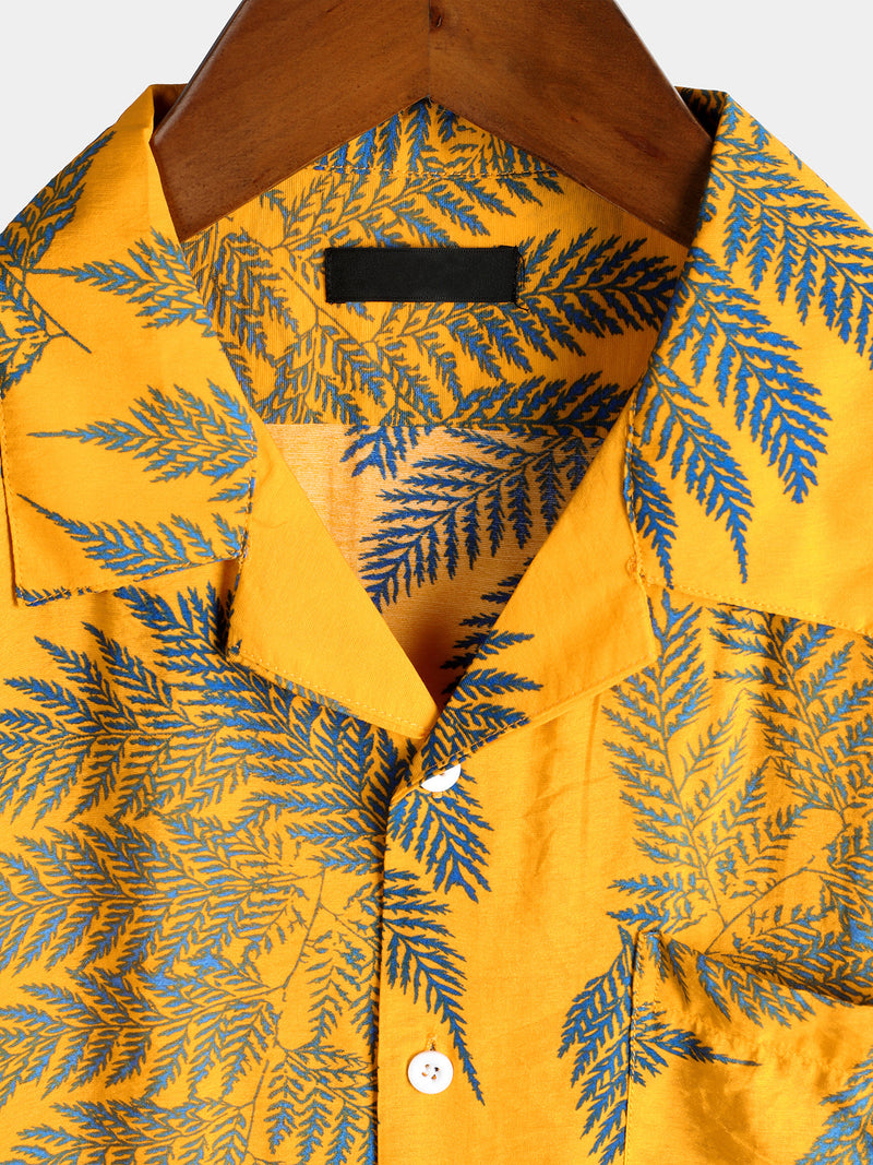 Men's Tropical Leaf Print Pocket Hawaiian Short Sleeve Shirt