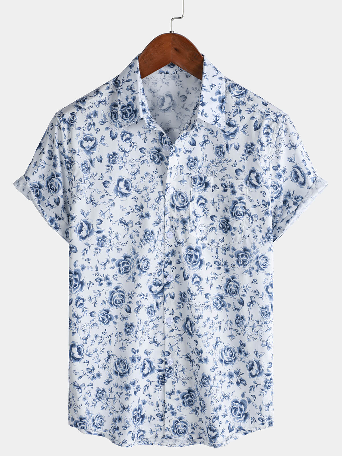 Men's Blue Rose Print Breathable Cotton Island Cruise Summer Holiday Resort Shirt
