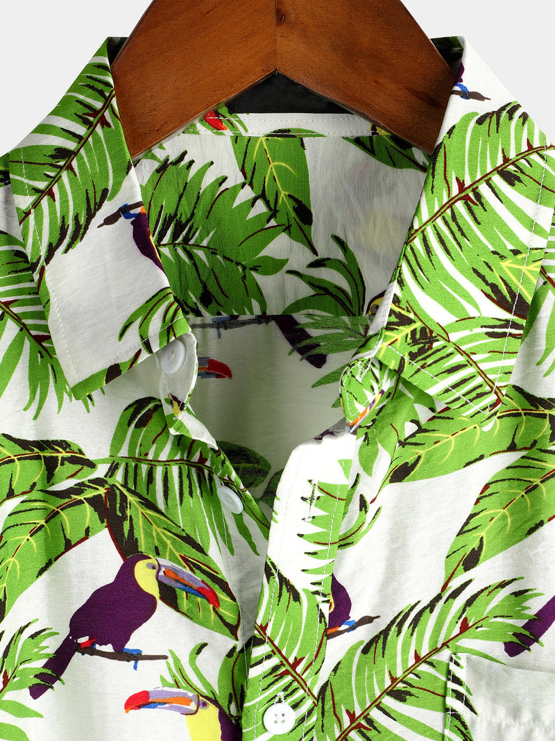 Men's Tropical Leaf Parrot Print Pocket Casual Shirt