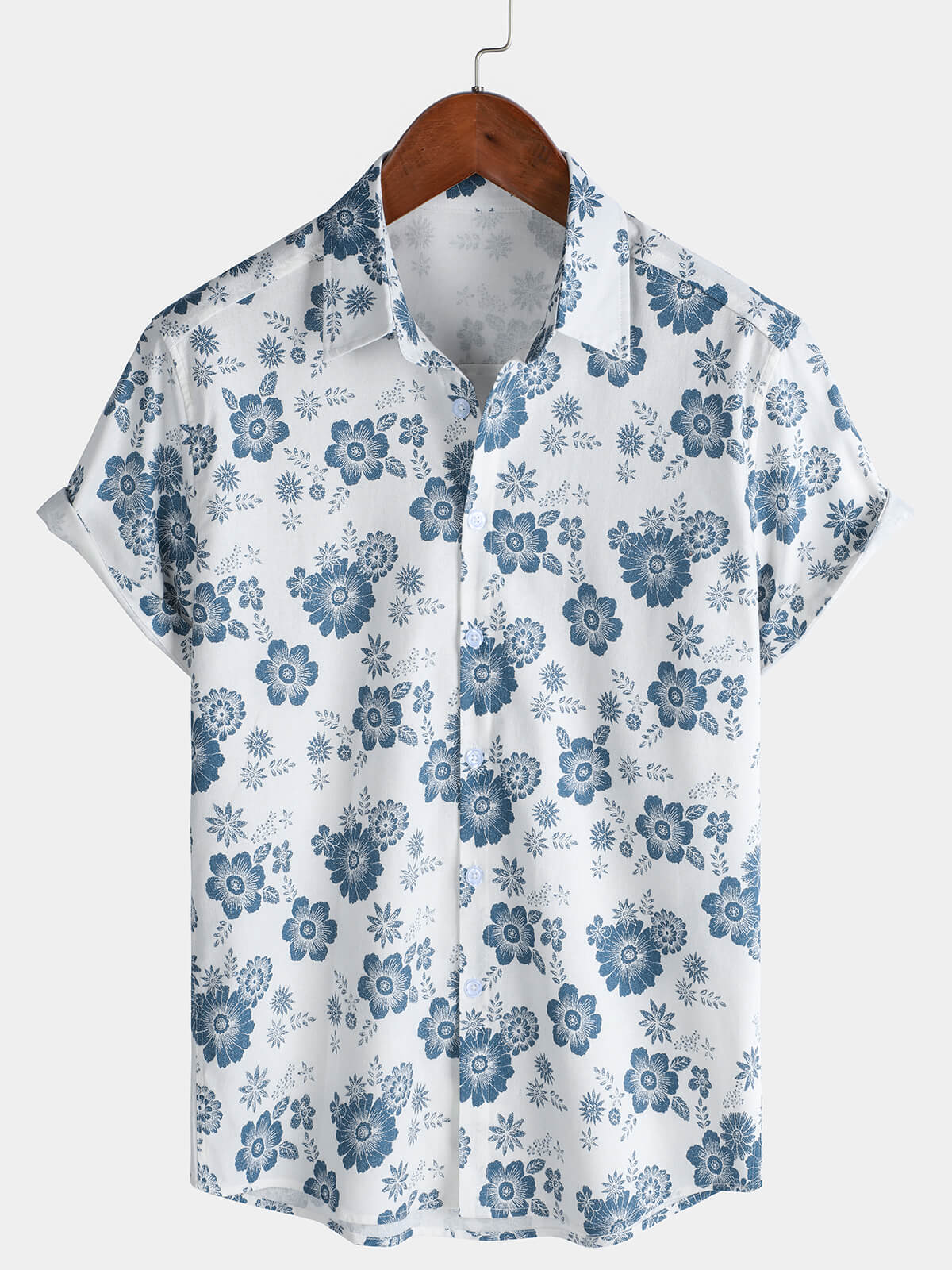 Men's Blue Daisy Print Breathable Cotton Island Cruise Summer Holiday Resort Shirt