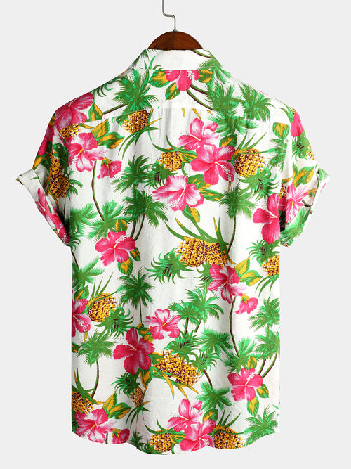 Men's Flower Pineapple Print Holiday Cotton Pocket Shirt