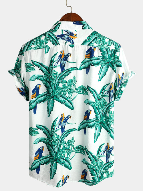 Men' Parrot Print Short Sleeve Pocket Cotton Shirt