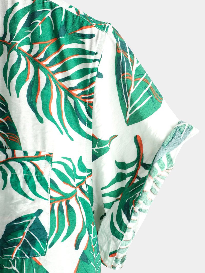 Men's Tropical Leaves Print Pocket Casual Shirt
