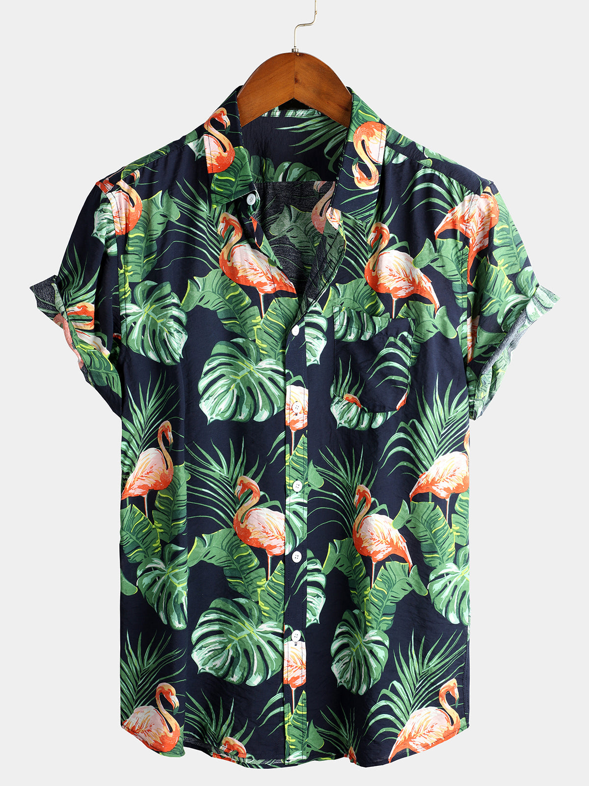 Men's Tropical Leaves Flamingo Print Beach Pocket Shirt