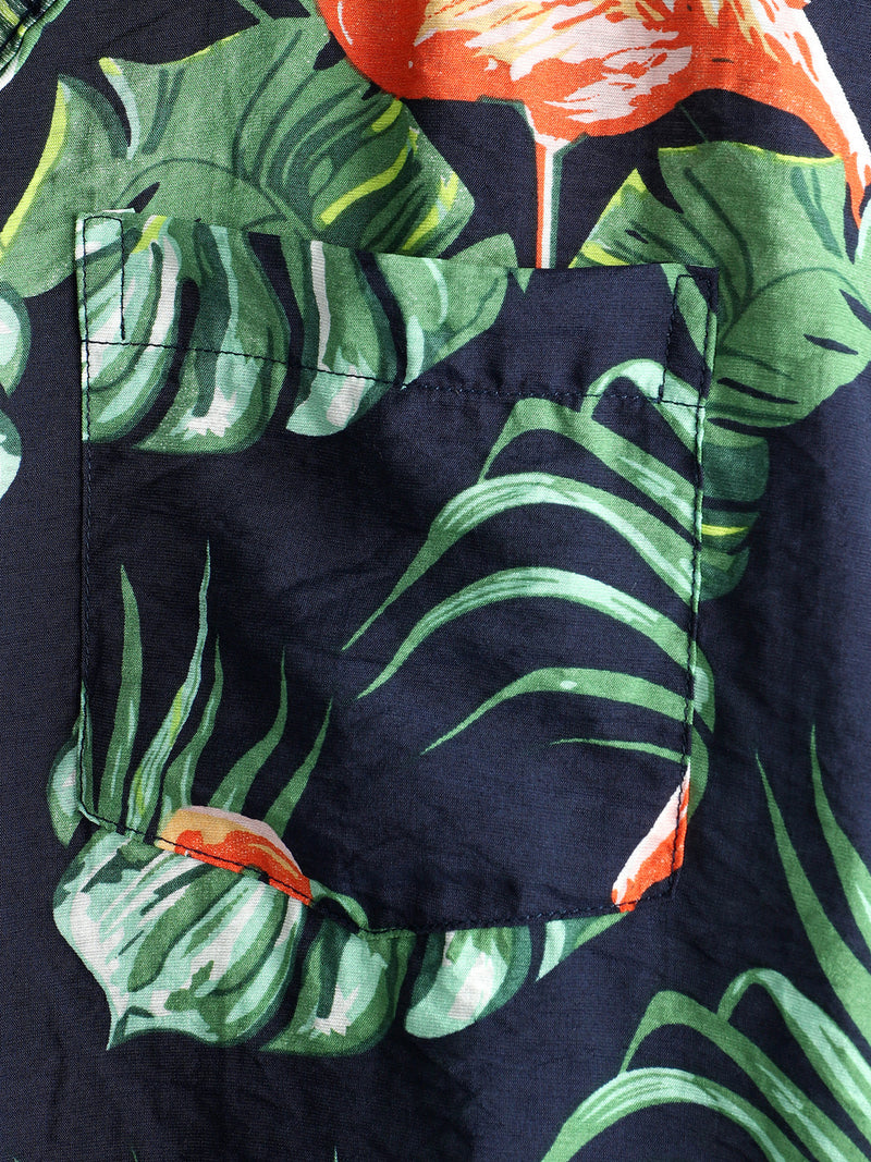Men's Tropical Leaves Flamingo Print Beach Pocket Shirt