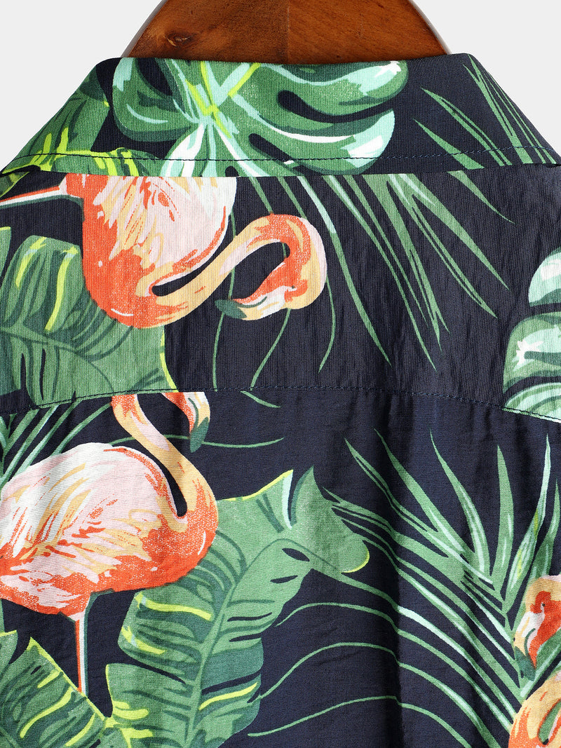 Men's Tropical Leaves Flamingo Print Beach Pocket Shirt