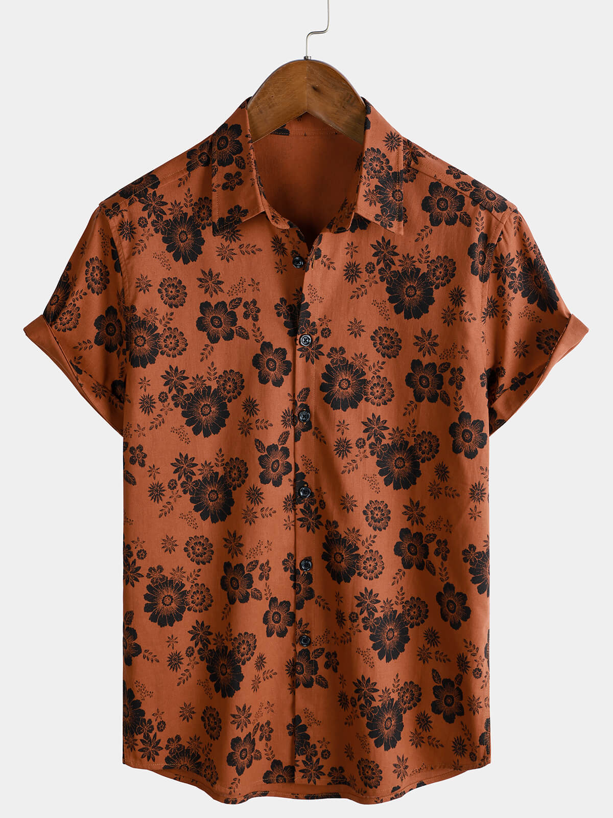 Men's Orange Floral Print Breathable Cotton Hawaiian Tropical Beach Vacation Shirt