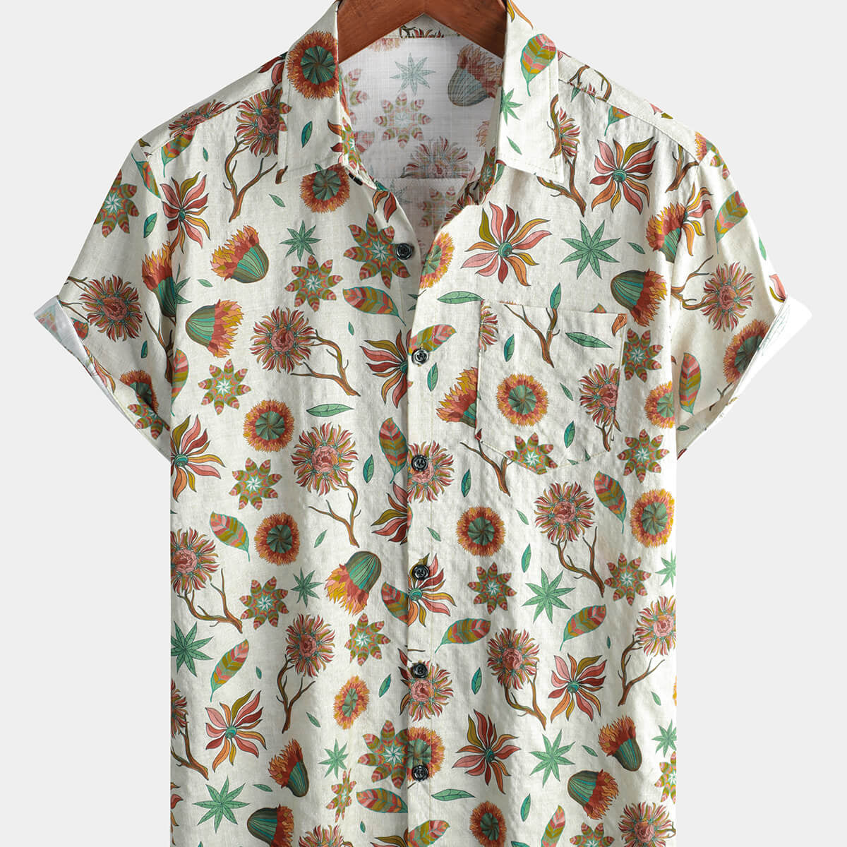 Men's Floral Short Sleeve Button Up Summer Cotton Shirt