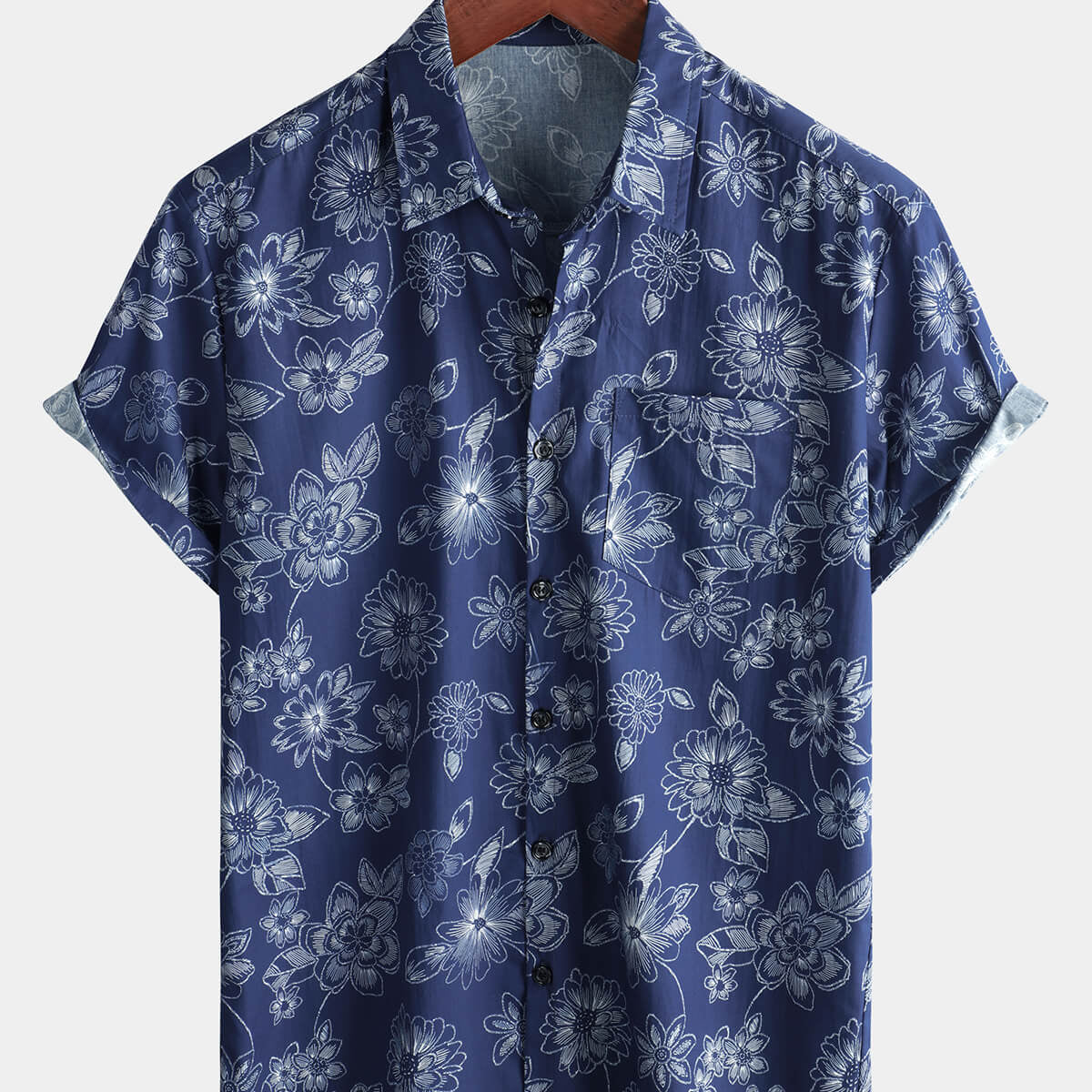 Men's Navy Blue Floral Hawaiian Beach Cotton Short Sleeve Shirt