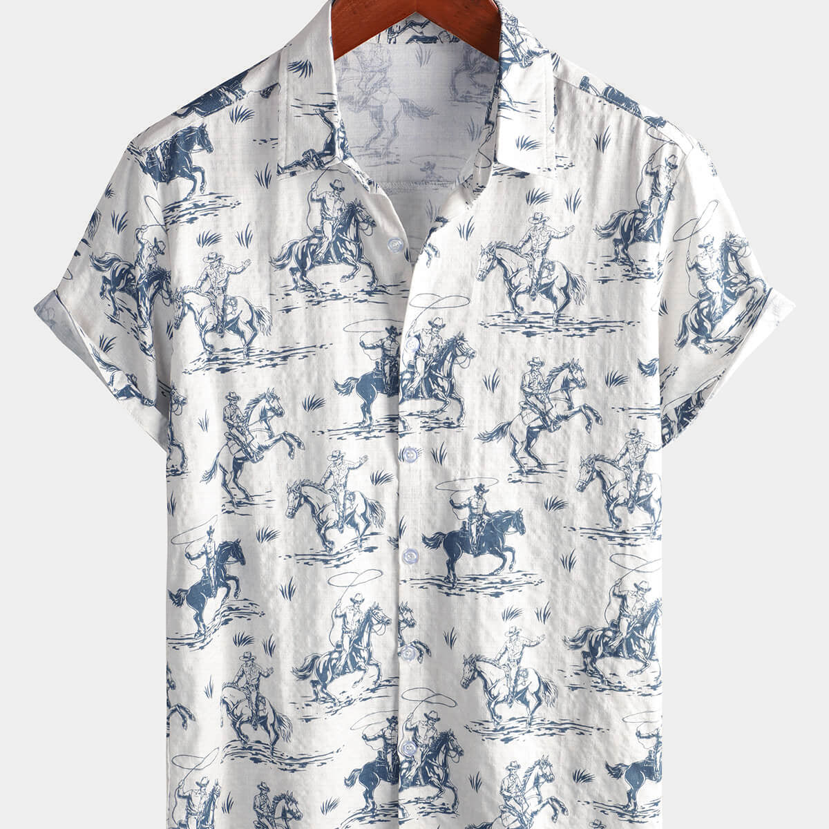 Men's Horse Print Cowboy Button Up Holiday Short Sleeve Shirt