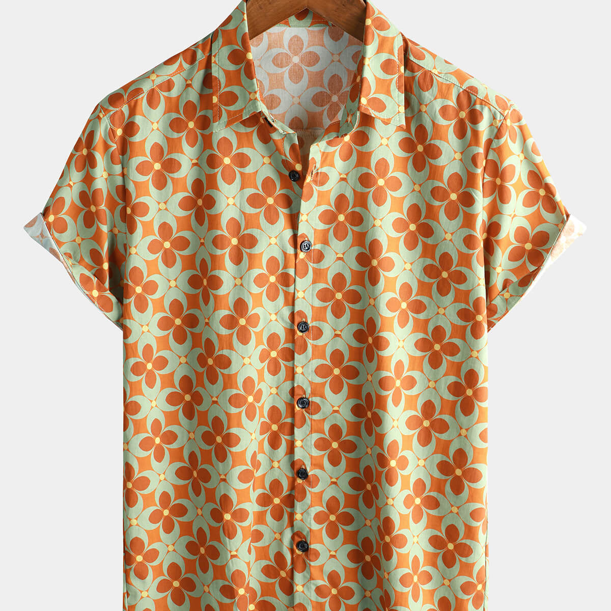 Men's Brown Floral Vintage Short Sleeve Cotton Shirt