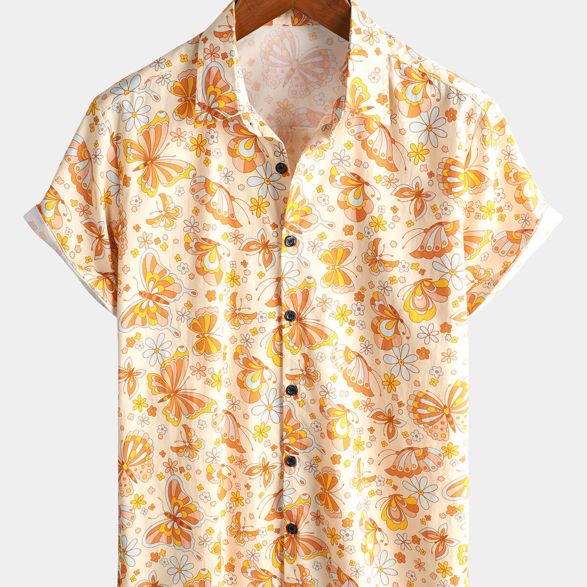 Men's Butterfly Vintage Floral Print Short Sleeve Shirt