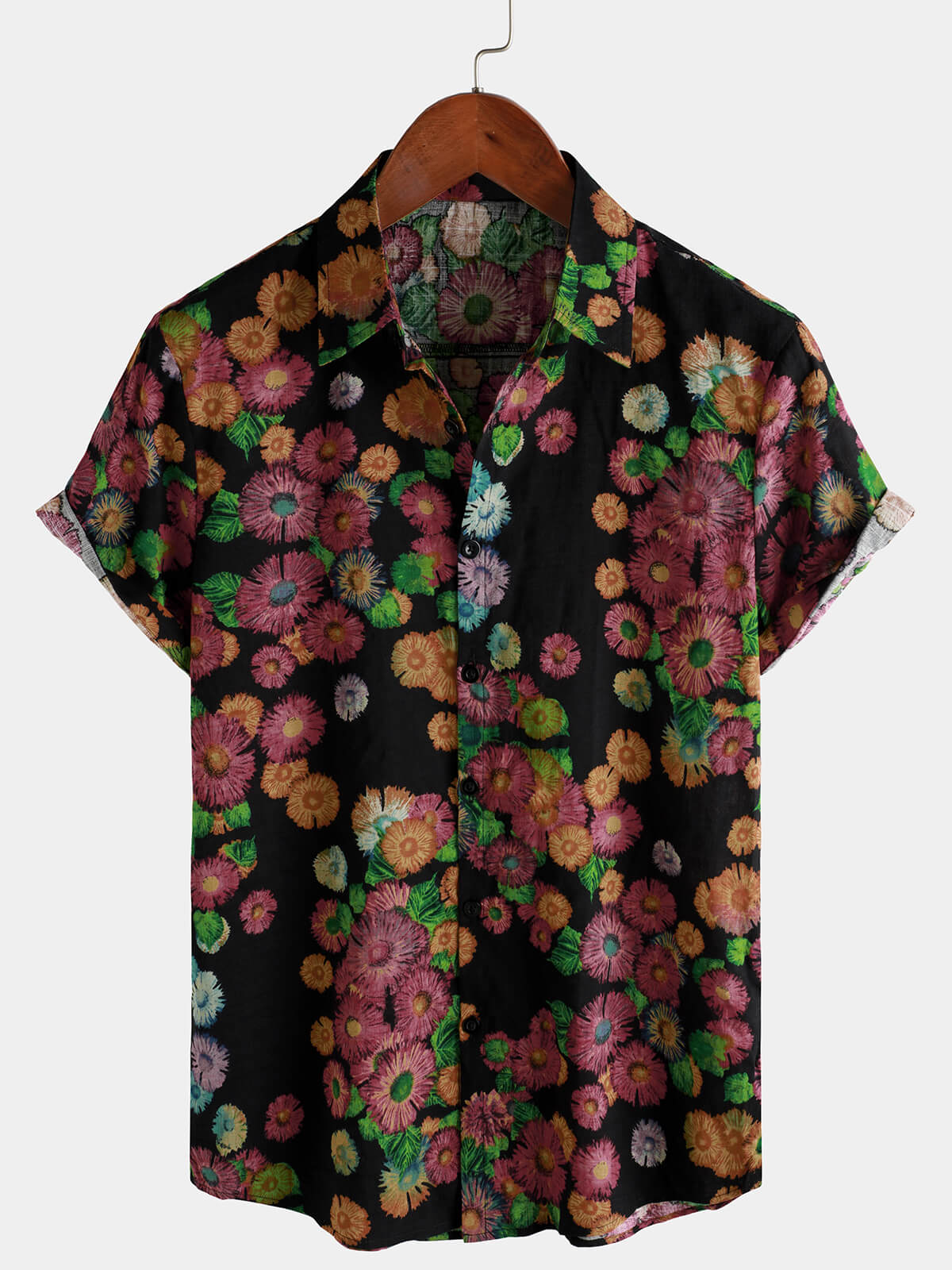 Men's Casual Retro Daisy Floral Holiday Button Up Short Sleeve Shirt