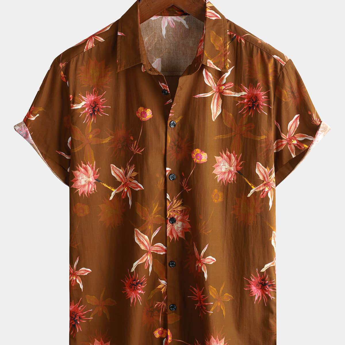 Men's Floral Holiday Vintage Brown Hawaiian Short Sleeve Shirt