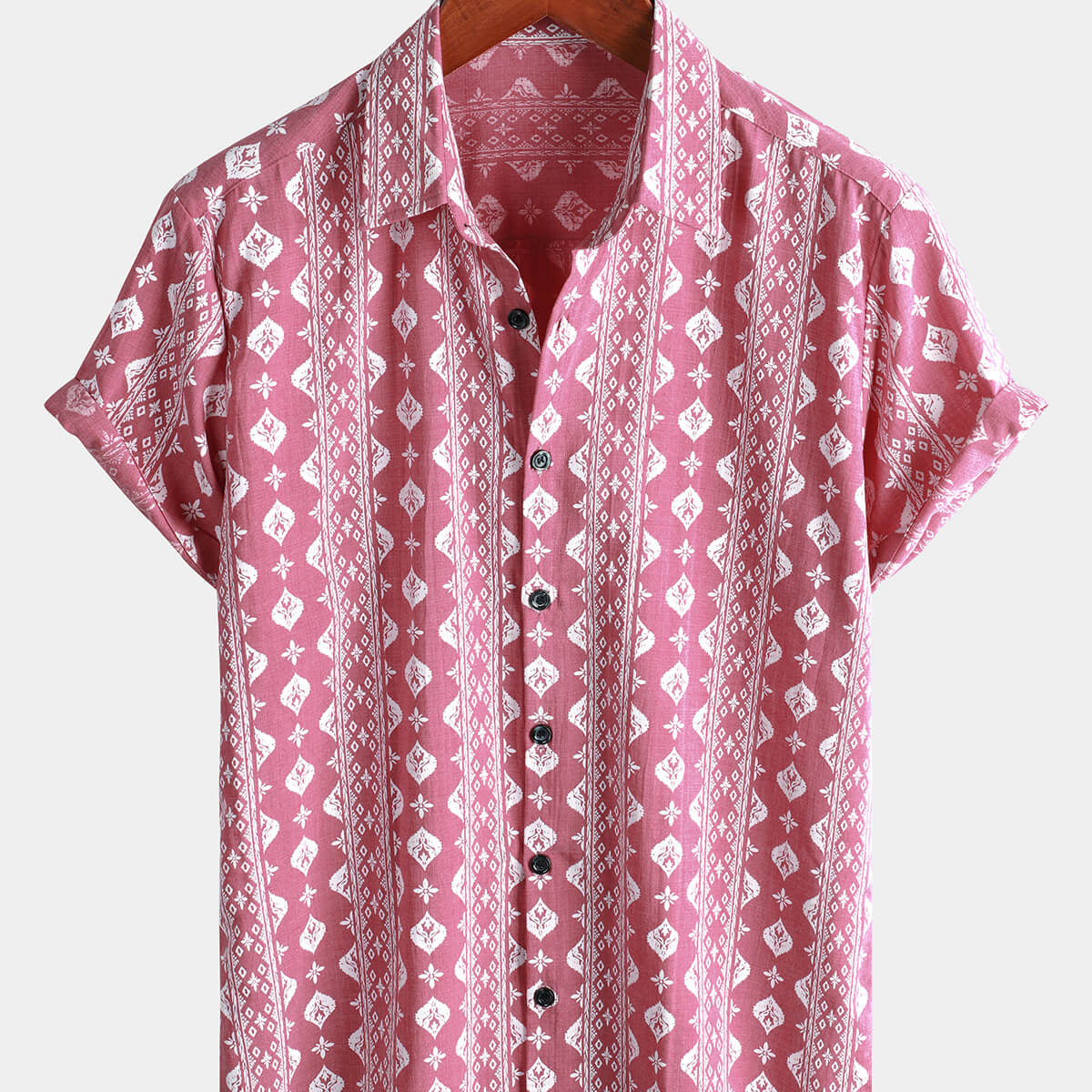 Men's Pink Striped 100% Cotton Short Sleeve Button Up Cotton Shirt