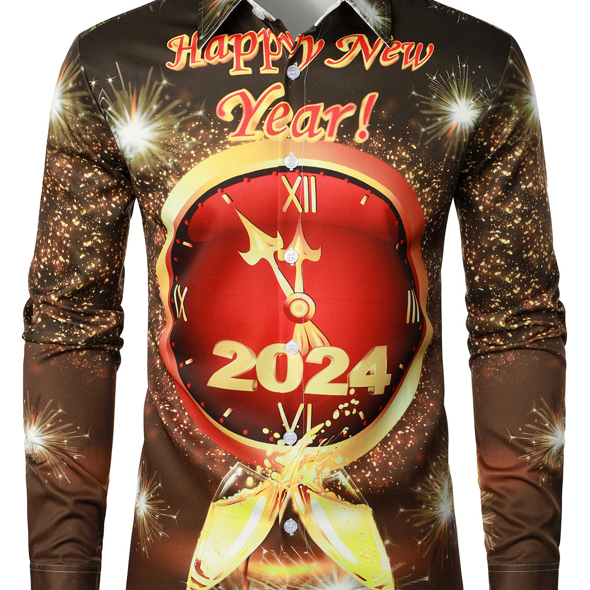 Camisa de manga larga con botones para hombre, diseño de feliz año nuevo, divertido reloj de cuenta atrás 2024