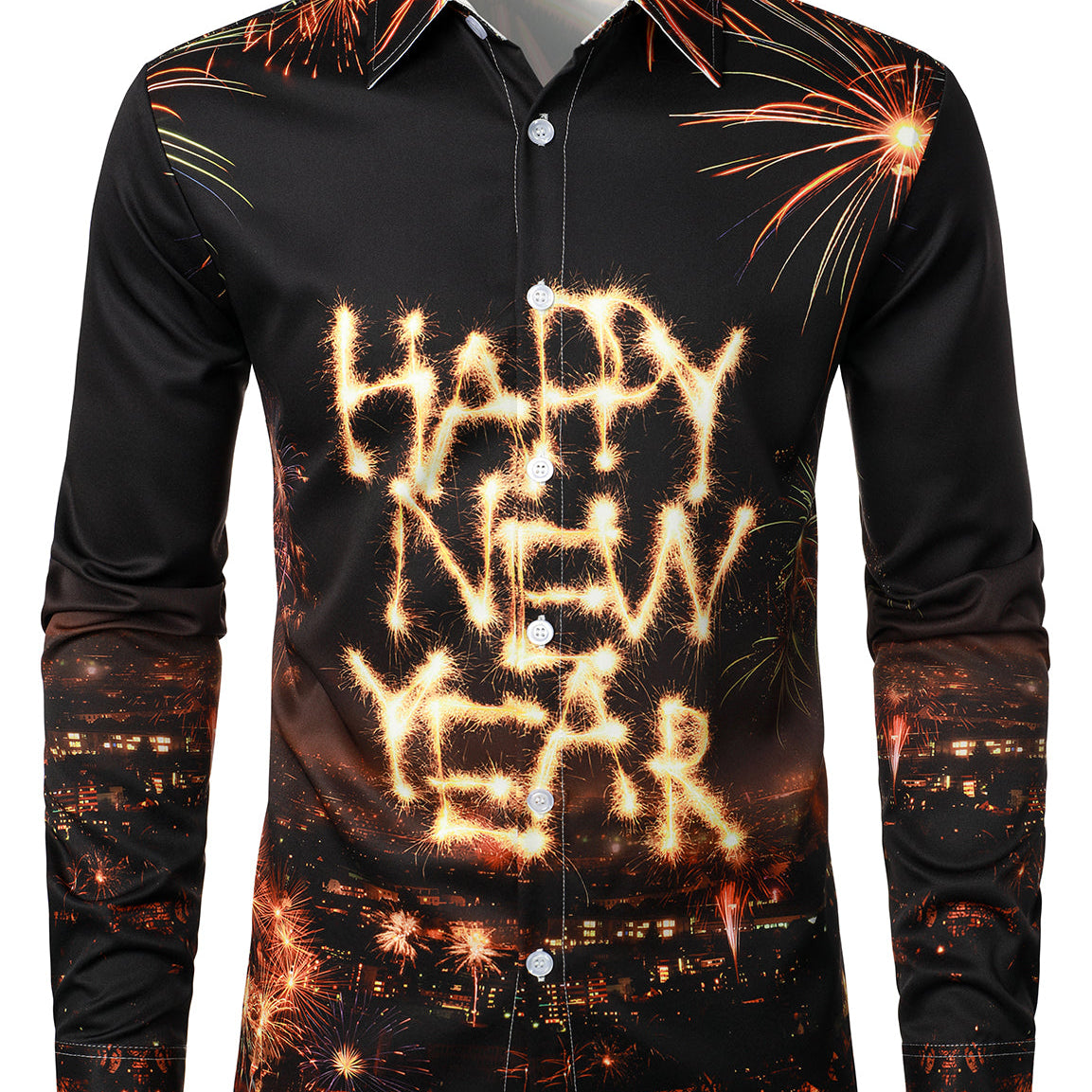 Camisa de manga larga con botones para fiesta de Nochevieja divertida con diseño de fuegos artificiales para hombre