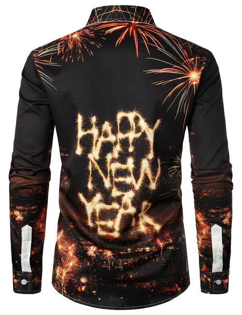 Men's Fireworks Holiday Funny Happy New Year Eve Party Button Up Long Sleeve Shirt