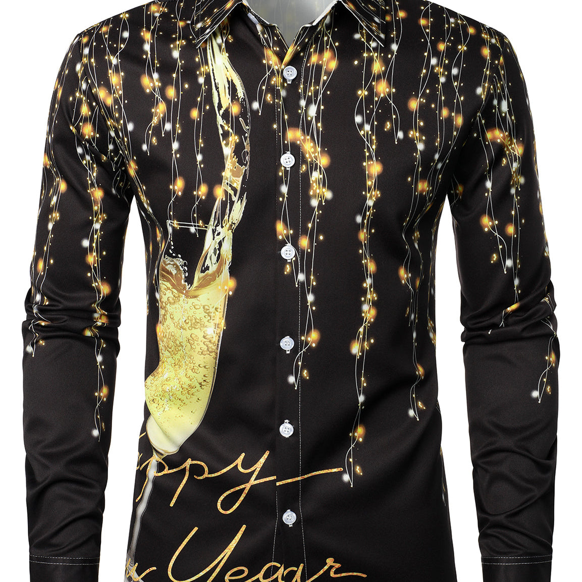 Camisa de manga larga negra con botón de celebración de champán y aplausos divertidos para fiesta de Año Nuevo para hombre