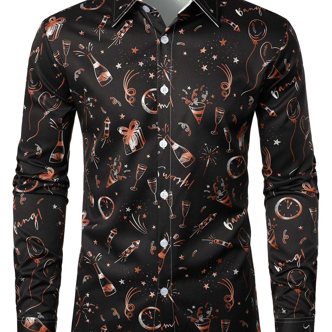 Men's Fireworks Holiday Funny New Year Party Button Up Long Sleeve Shirt