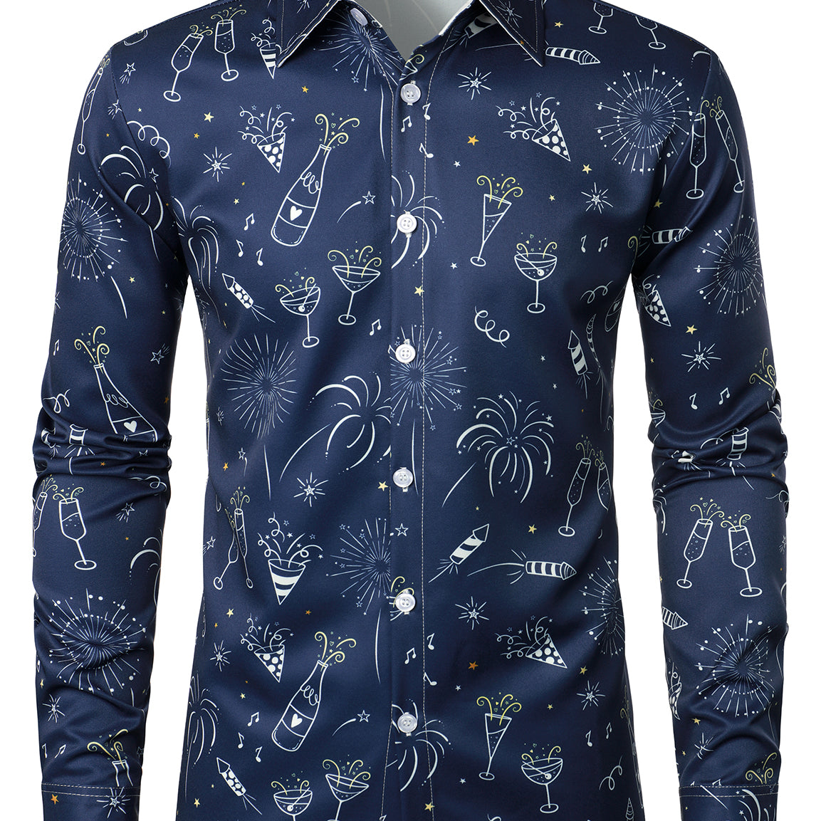Camisa de manga larga azul con botones para fiesta de Año Nuevo y vacaciones de fuegos artificiales para hombre