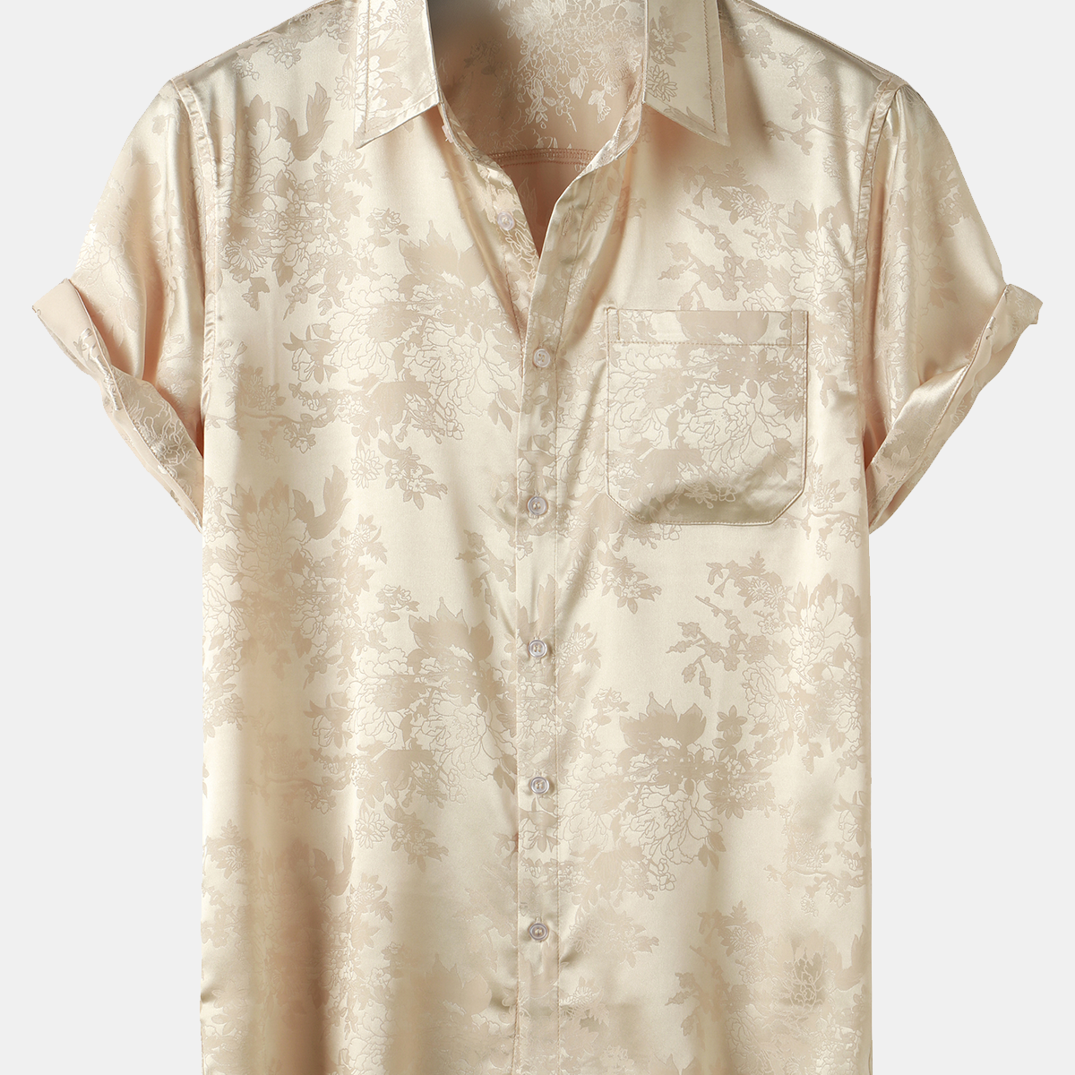 Men's Jacquard Pocket Silk Satin Floral Short Sleeve Shirt