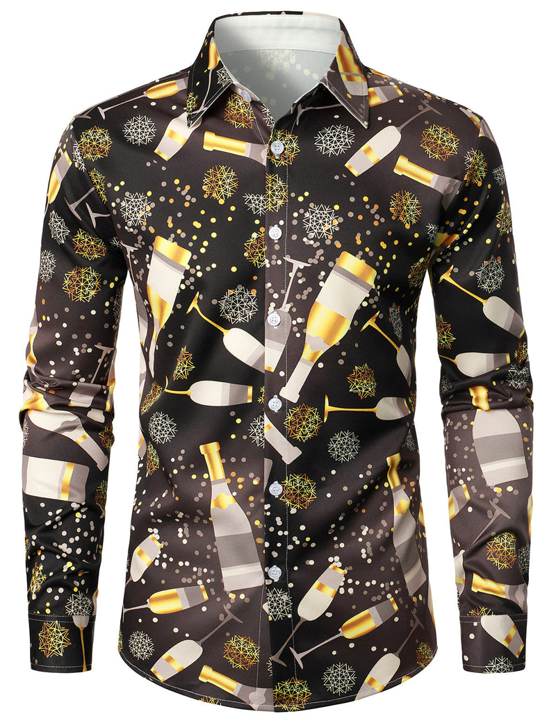 Men's Happy New Year Eve Funny Champagne Celebration Disco Button Up Long Sleeve Shirt