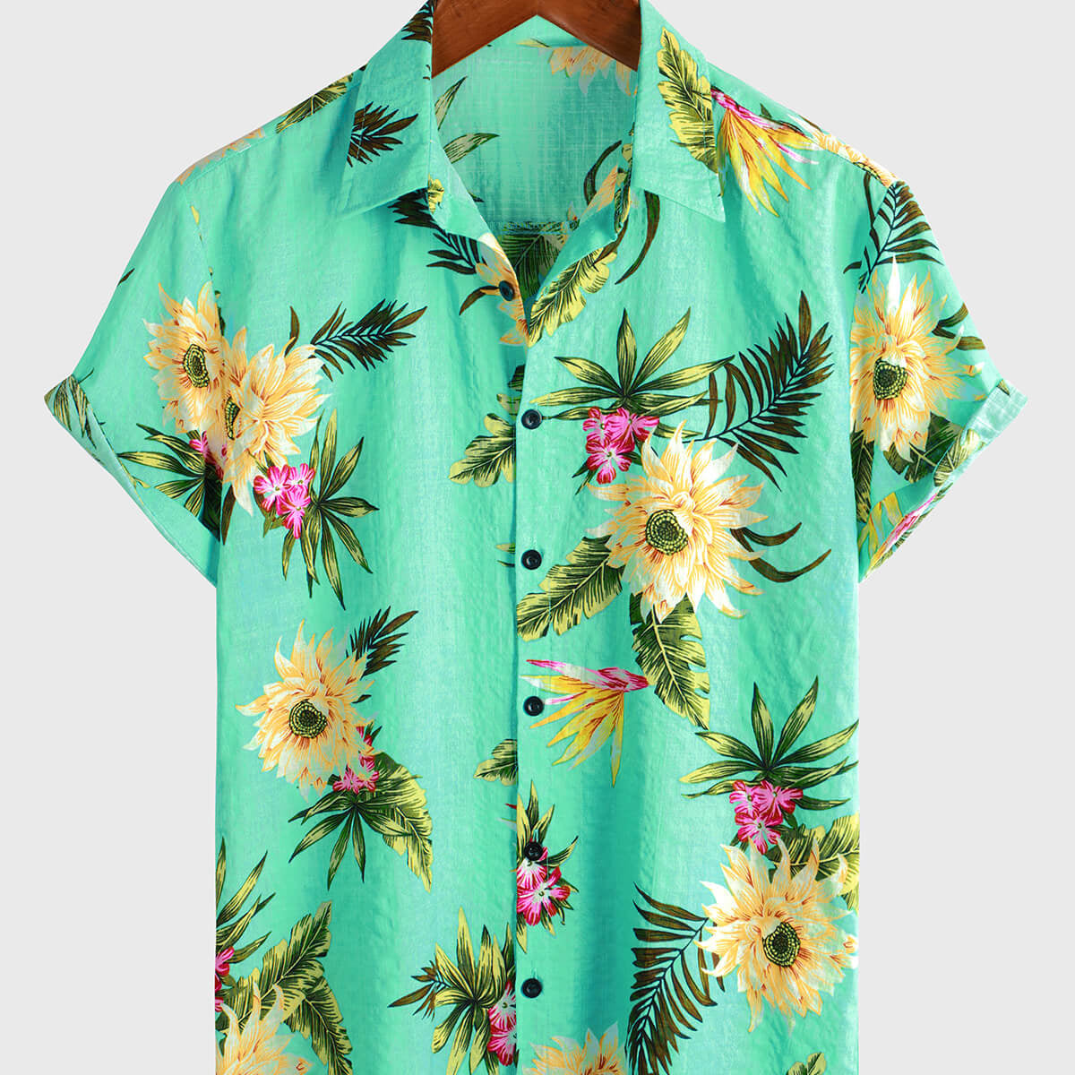 Camisa de manga corta hawaiana verde claro con estampado floral tropical informal para hombre