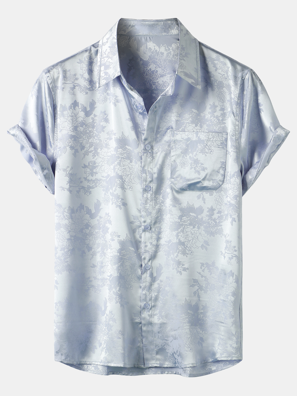 Men's Jacquard Pocket Silk Satin Floral Short Sleeve Shirt