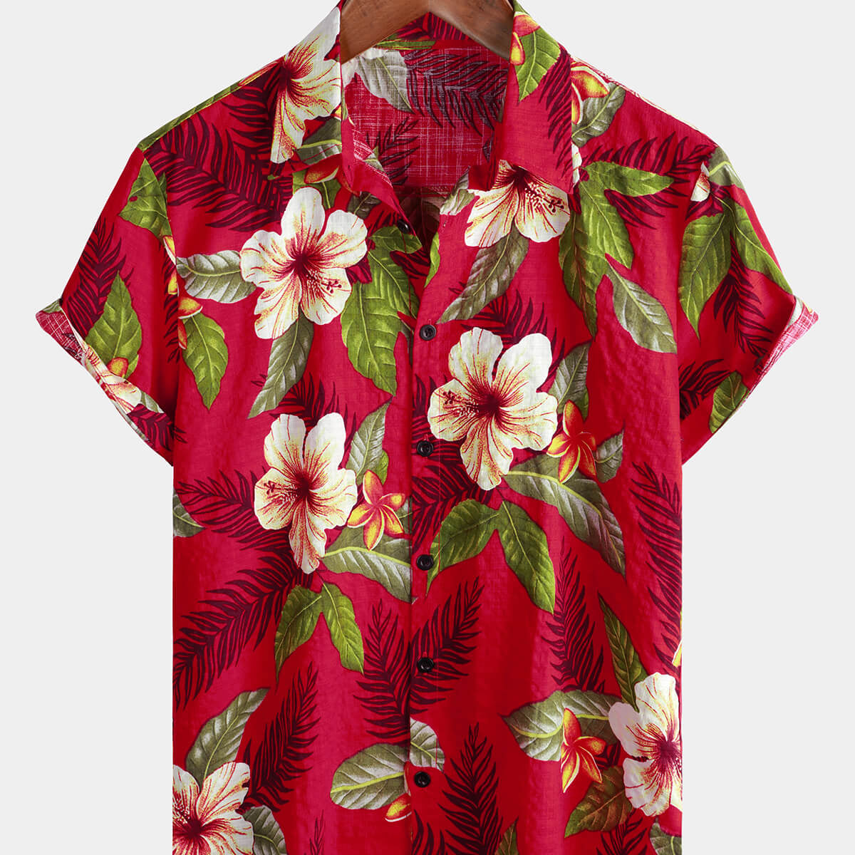 Camisa de manga corta con botones y estampado floral tropical de verano hawaiano rojo para hombre