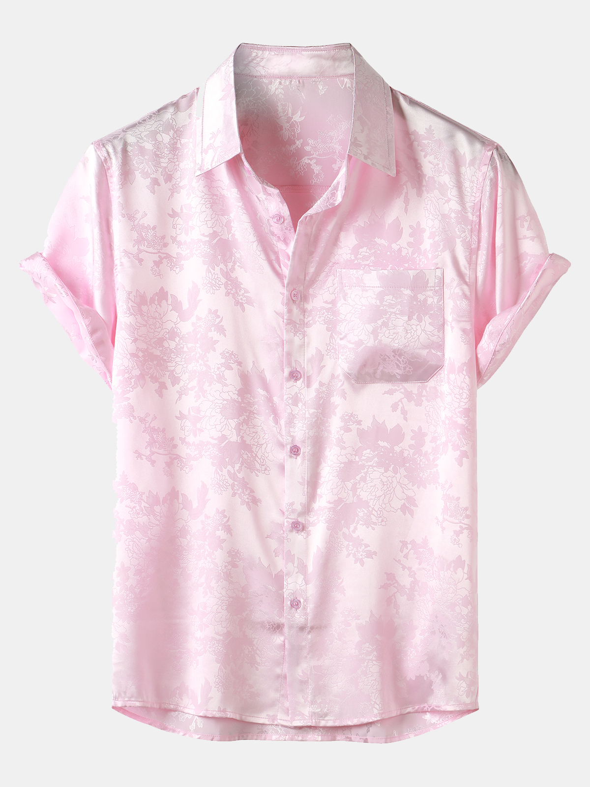 Men's Casual Jacquard Silk Satin Floral Pocket Short Sleeve Shirt