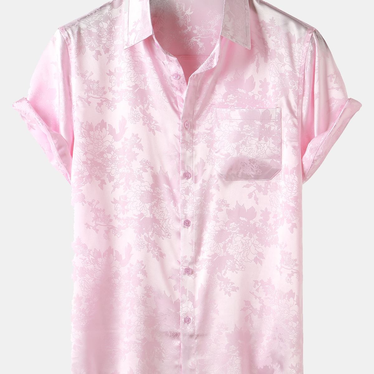Men's Casual Jacquard Silk Satin Floral Pocket Short Sleeve Shirt