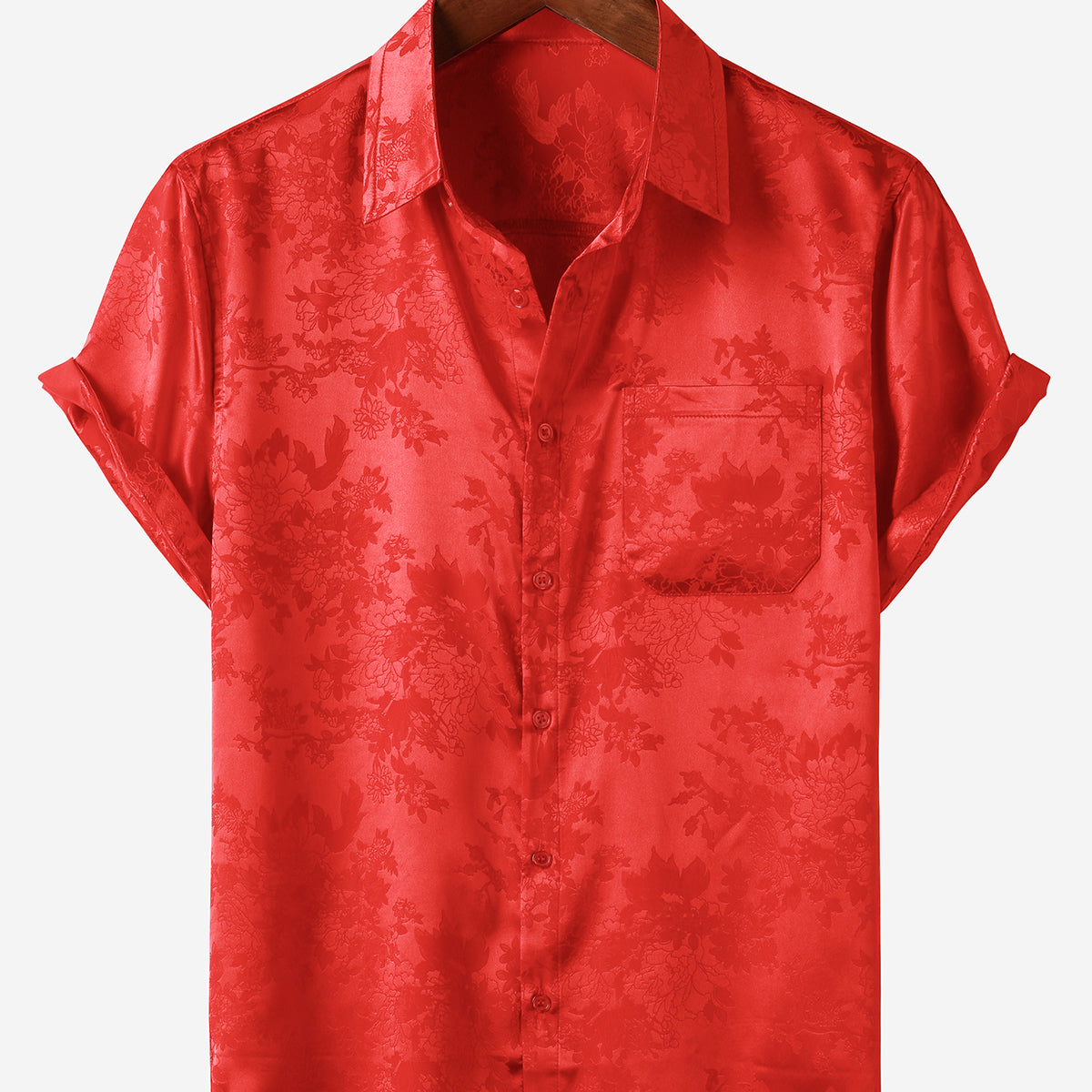 Men's Casual Jacquard Silk Satin Floral Pocket Short Sleeve Shirt