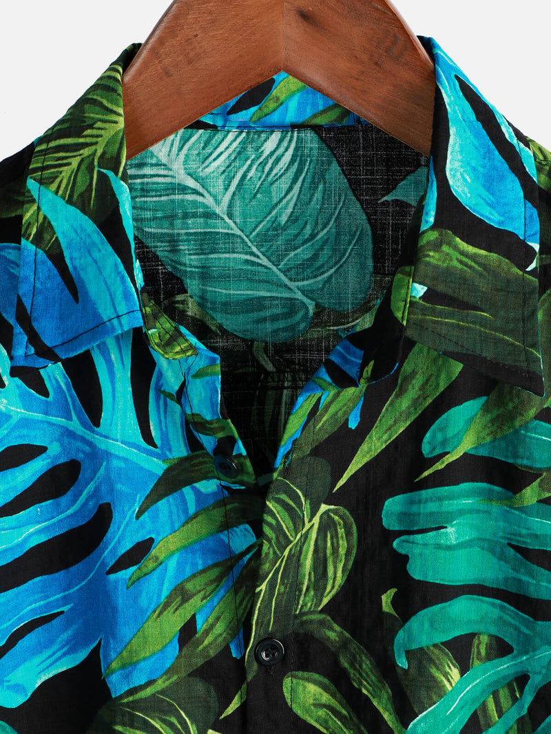 Men's Black Beach Summer Hawaiian Holiday Tropical Button Up Short Sleeve Shirt