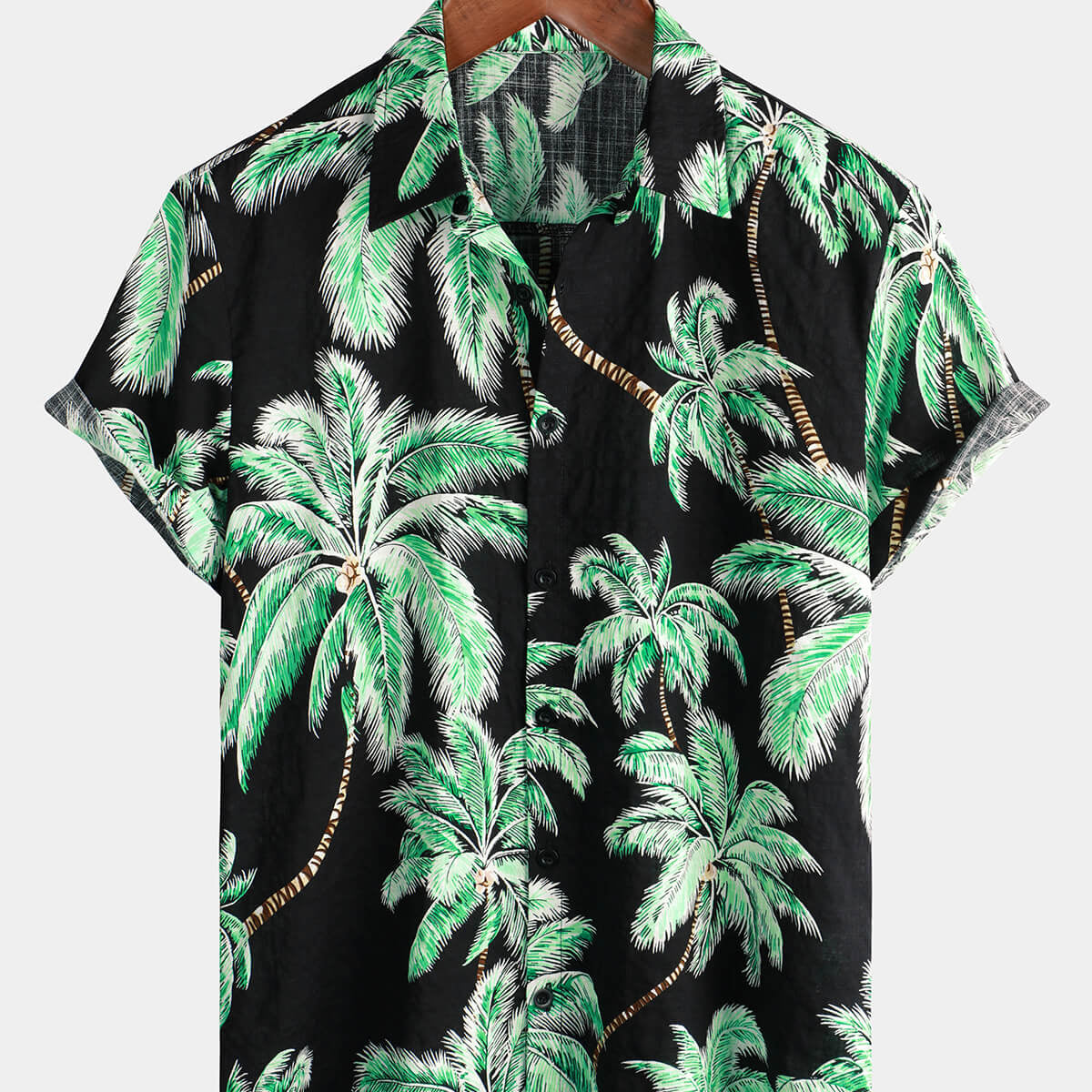 Camisa de manga corta con botones tropicales para hombre, color negro, con palmeras, playa, verano, vacaciones hawaianas