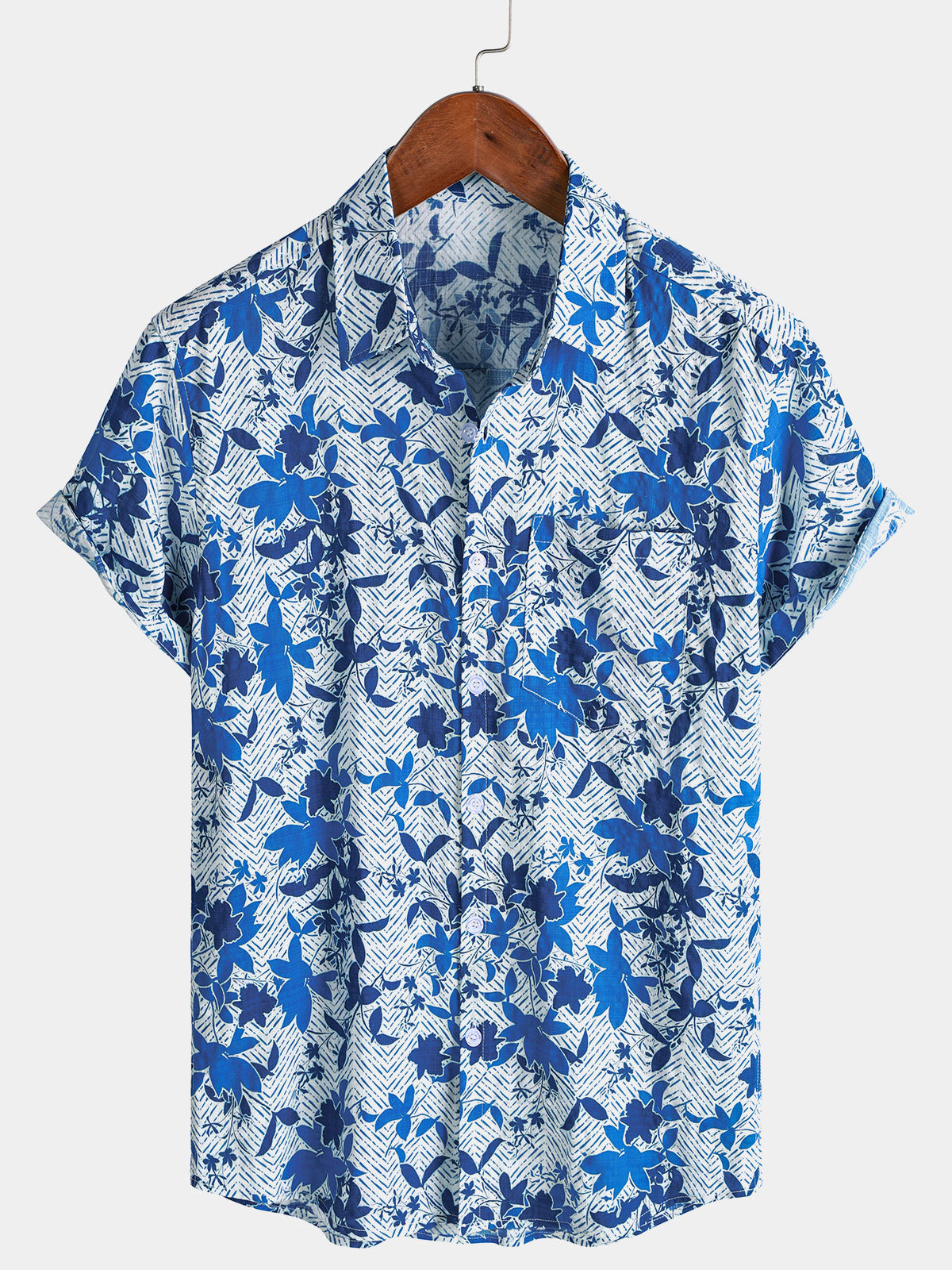 Men's Hawaiian Beach Blue Floral Print Breathable Lightweight Chest Pocket Short Sleeve Shirt