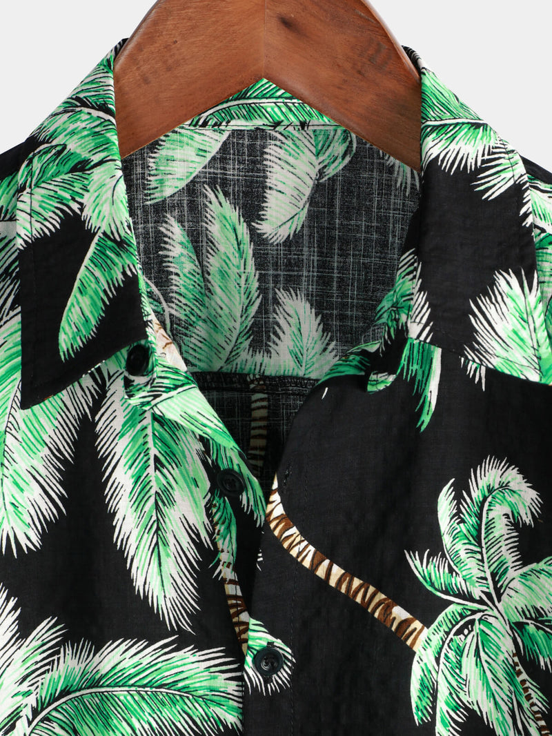 Men's Palm Tree Beach Summer Black Hawaiian Holiday Tropical Button Up Short Sleeve Shirt