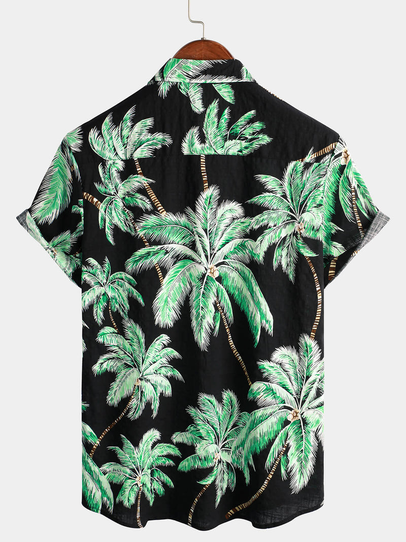 Men's Palm Tree Beach Summer Black Hawaiian Holiday Tropical Button Up Short Sleeve Shirt