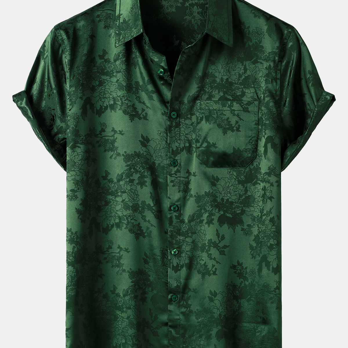 Men's Jacquard Pocket Silk Satin Floral Short Sleeve Shirt