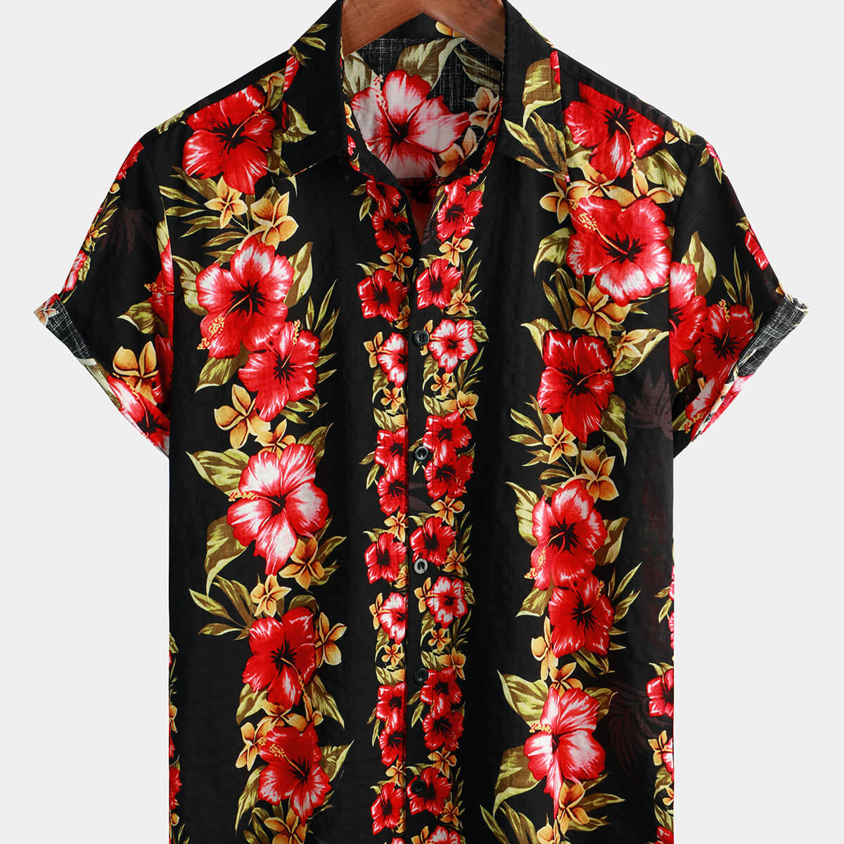 Camisa de manga corta con botones y estampado floral de hibisco tropical hawaiano vintage funky para hombre